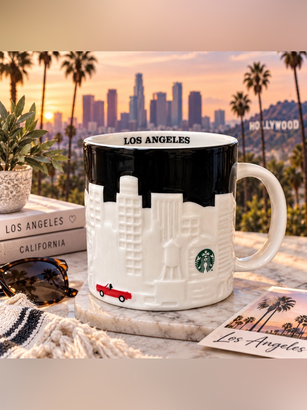 Starbucks Black and White Los Angeles Skyline Mug with Red Car Accent